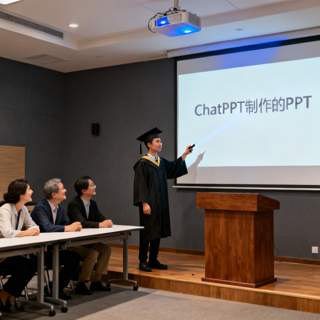 一个毕业生在答辩现场自信演讲，屏幕上显示ChatPPT制作的PPT，评委点头赞许，背景是学术报告厅