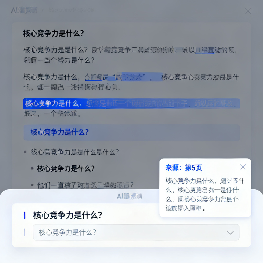 一个AI路演页面的截图，页面底部有一个提问输入框，用户正在输入“核心竞争力是什么？”的问题，右侧弹出答案框，答案中标注了来源页面的页码，并有蓝色高亮标记。