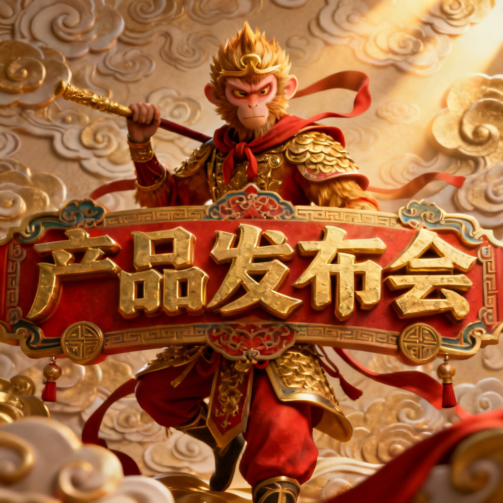 3D西游记风格产品发布会，孙悟空角色作为视觉焦点，祥云纹理背景，金色与红色主色调，动态光影，立体浮雕文字，中国风装饰元素