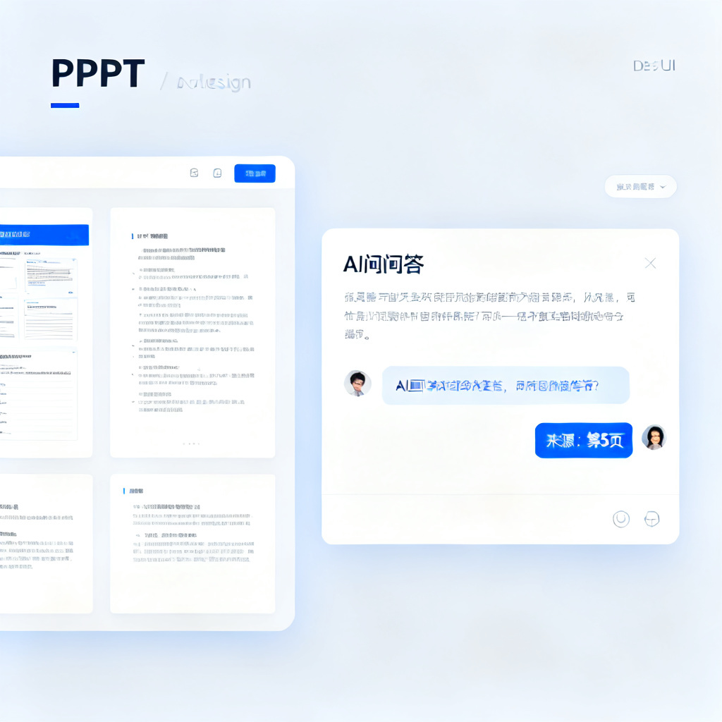 一个交互界面，左侧显示PPT页面，右侧显示AI问答对话框，AI回答中标注了“来源：第5页”，界面简洁、信息层次清晰