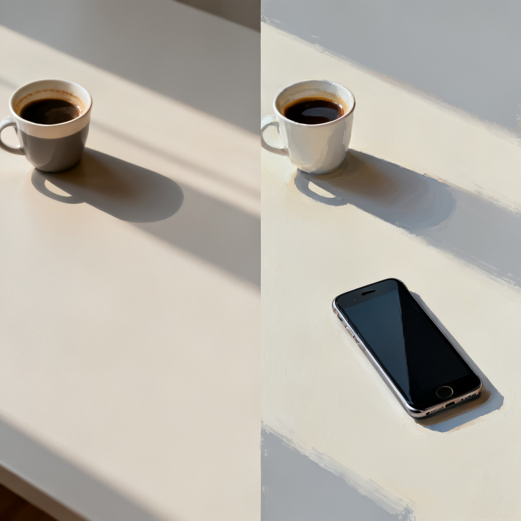 Split-screen comparison: left side shows a slide with a coffee cup in the corner; right side shows the same slide after Magic repaint, with the coffee cup replaced by a smartphone, maintaining identical lighting and shadows.