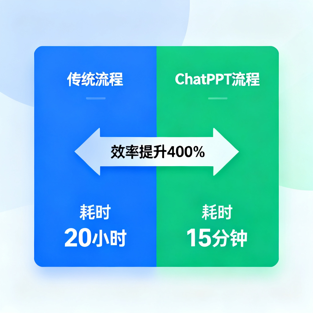 一个时间对比图表,左侧显示传统流程耗时20小时,右侧显示ChatPPT流程耗时15分钟,中间标注“效率提升400%”