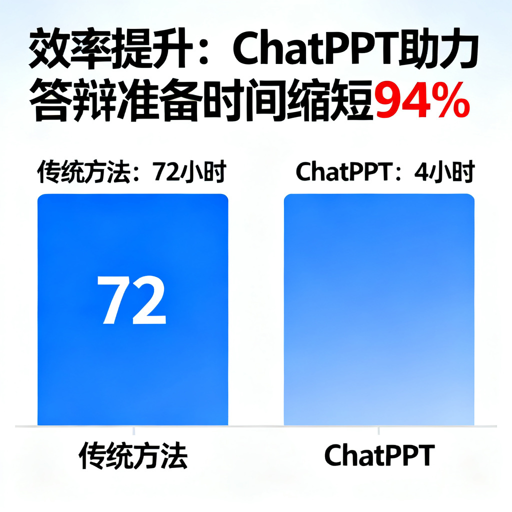 一张柱状图，对比使用ChatPPT前后的论文PPT制作时间（如‘传统方法：72小时’ vs ‘ChatPPT：4小时’），标题为‘效率提升：ChatPPT助力答辩准备时间缩短94%’