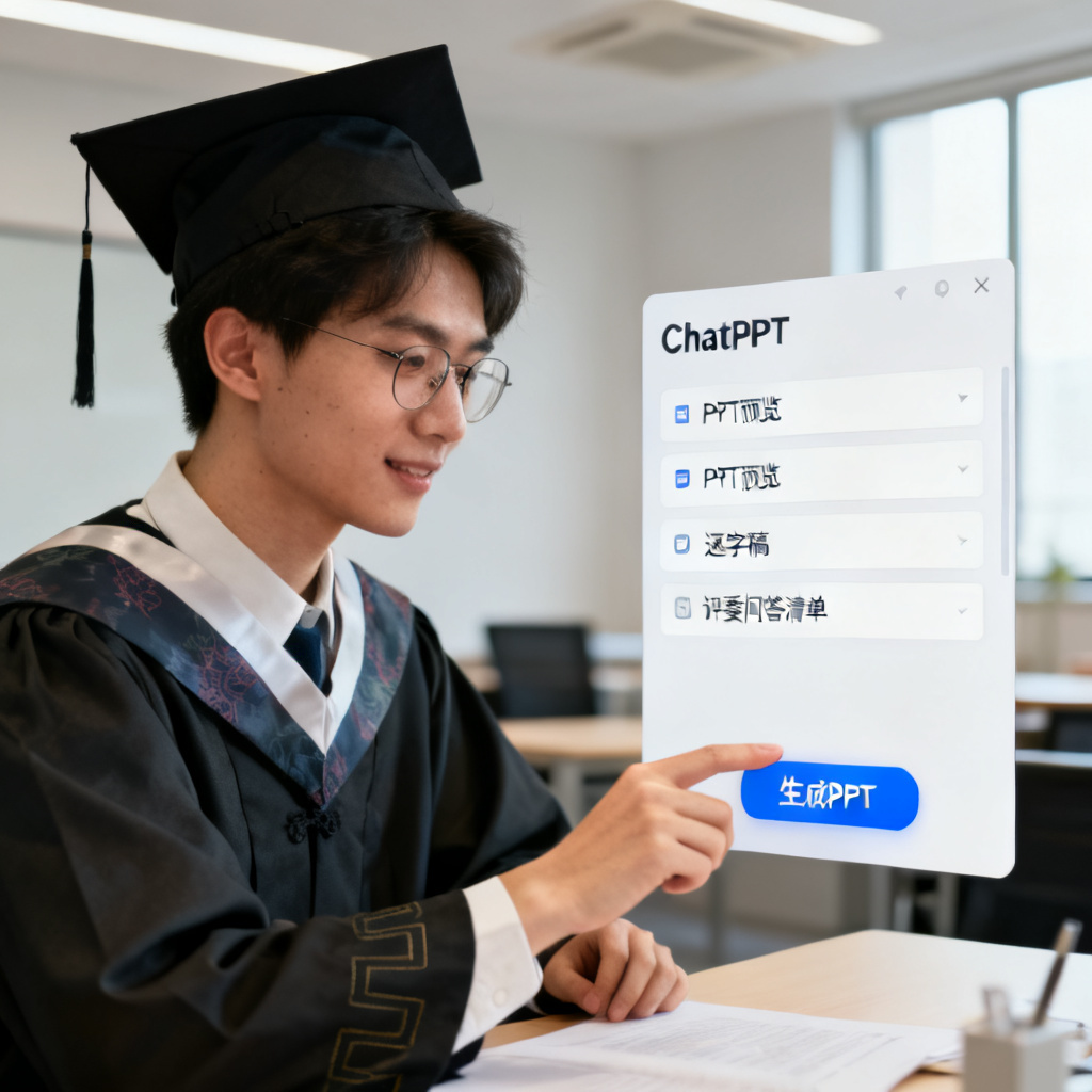一个研究生点击“生成PPT”按钮后,ChatPPT界面显示PPT预览、逐字稿和评委问答清单,背景为简约办公室,光线柔和,风格现代
