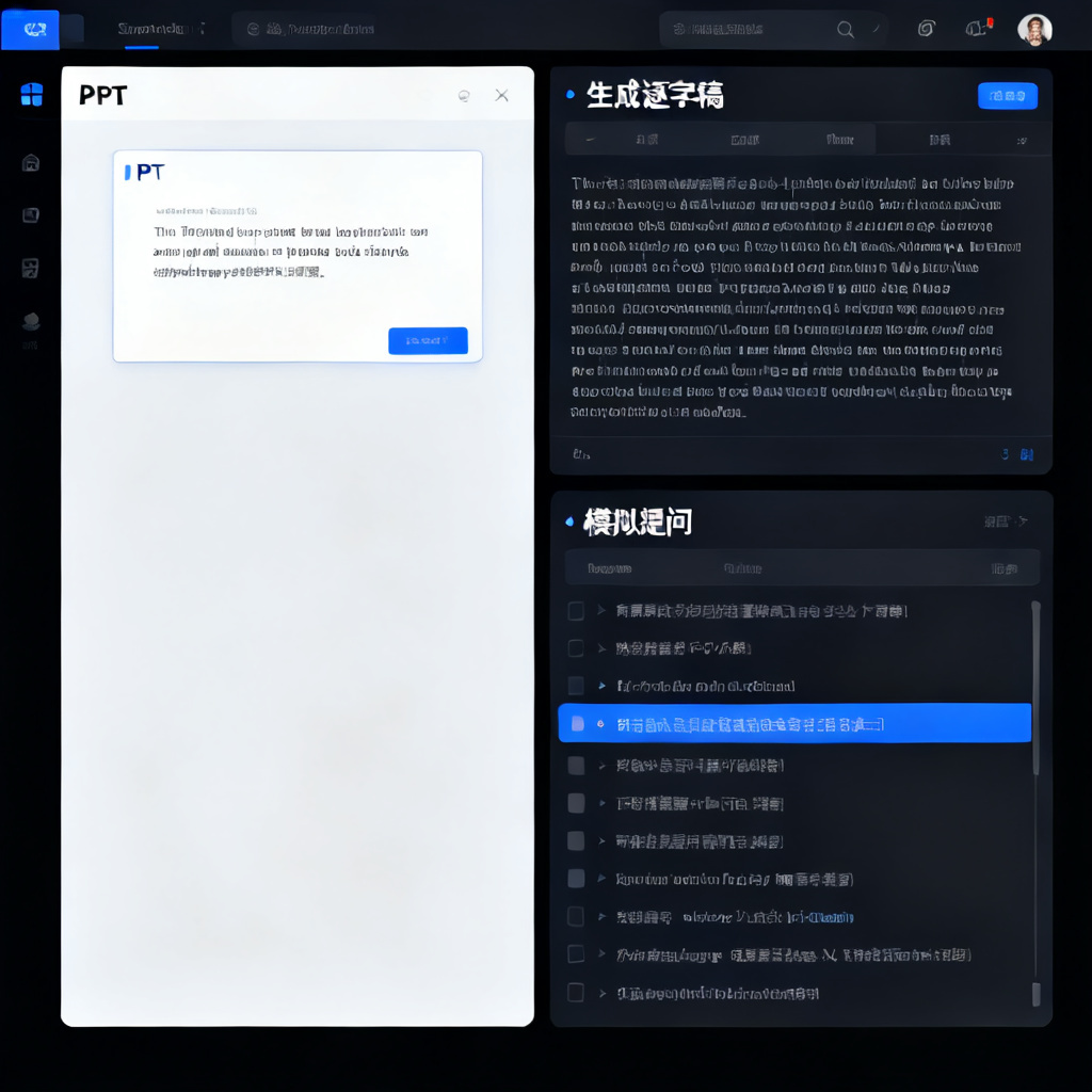 ChatPPT的答辩教练界面，左侧显示PPT幻灯片，右侧显示生成的逐字稿与模拟提问列表，界面简洁，字体清晰