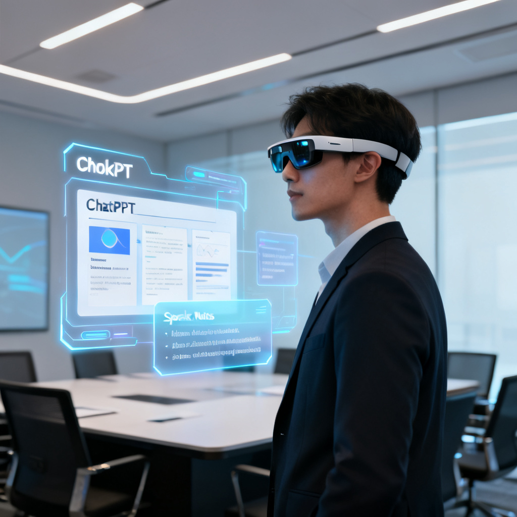 A person wearing smart AR glasses (Rokid style), standing in a boardroom, with a holographic display showing ChatPPT slides and speaker notes overlayed in their field of view. The scene looks futuristic and professional.