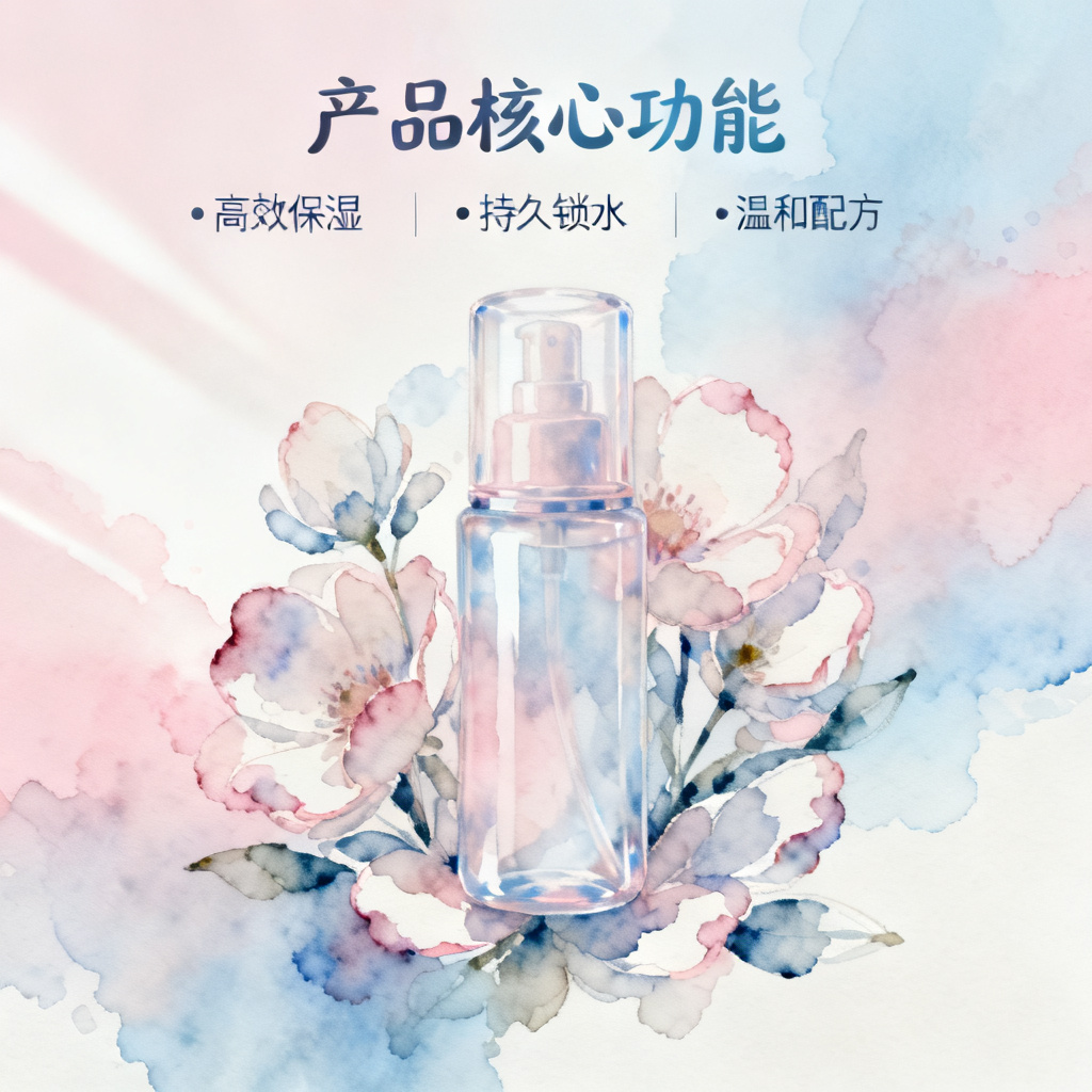 梦幻水彩风的产品功能展示页，柔光过渡，透明质感，手绘花卉装饰，优雅字体