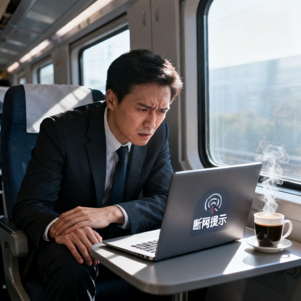 高铁车厢内，一位商务人士焦急地看着笔记本电脑，屏幕上显示断网提示，旁边有一杯咖啡。写实风格，自然光，突出紧迫感。