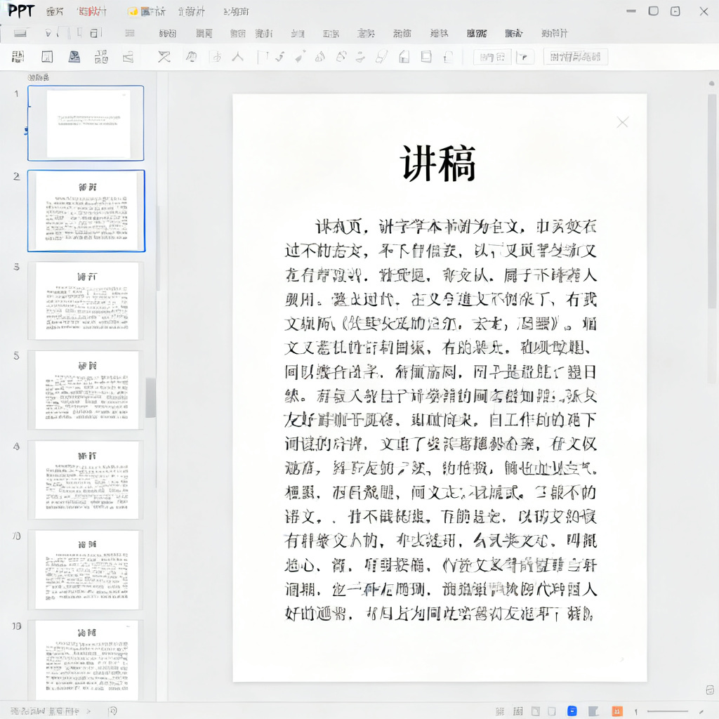 论文答辩逐字稿生成界面，左侧为PPT缩略图，右侧为对应页面的讲稿文字，字体为宋体，行间距适中，便于阅读