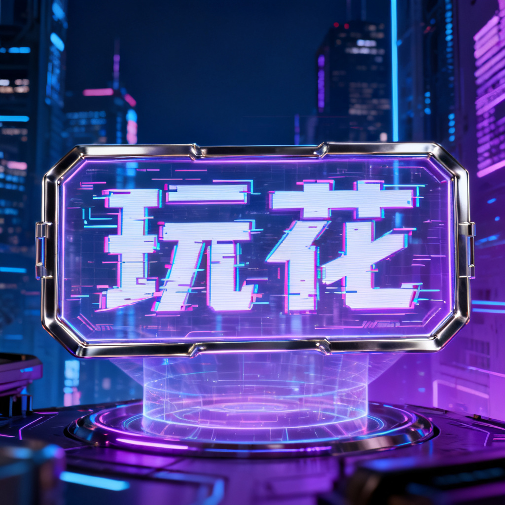 赛博朋克风格,霓虹灯光效,故障艺术字体,金属质感边框,全息投影元素,未来城市背景,深蓝与紫色调,高对比度,电影感光效