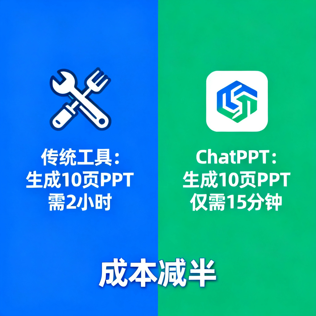 一张数据对比图,左侧显示传统工具生成10页PPT需要2小时,右侧显示ChatPPT仅需15分钟,并附上成本减半的标注