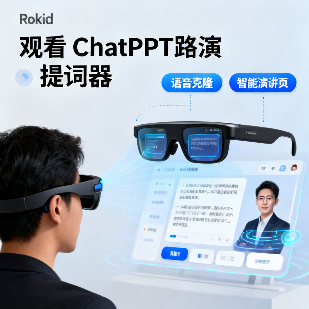一张示意图，显示用户通过Rokid智能眼镜观看ChatPPT的路演，眼镜中显示提词器内容，旁边是数字人形象，界面标注“语音克隆”和“智能演讲页”按钮。
