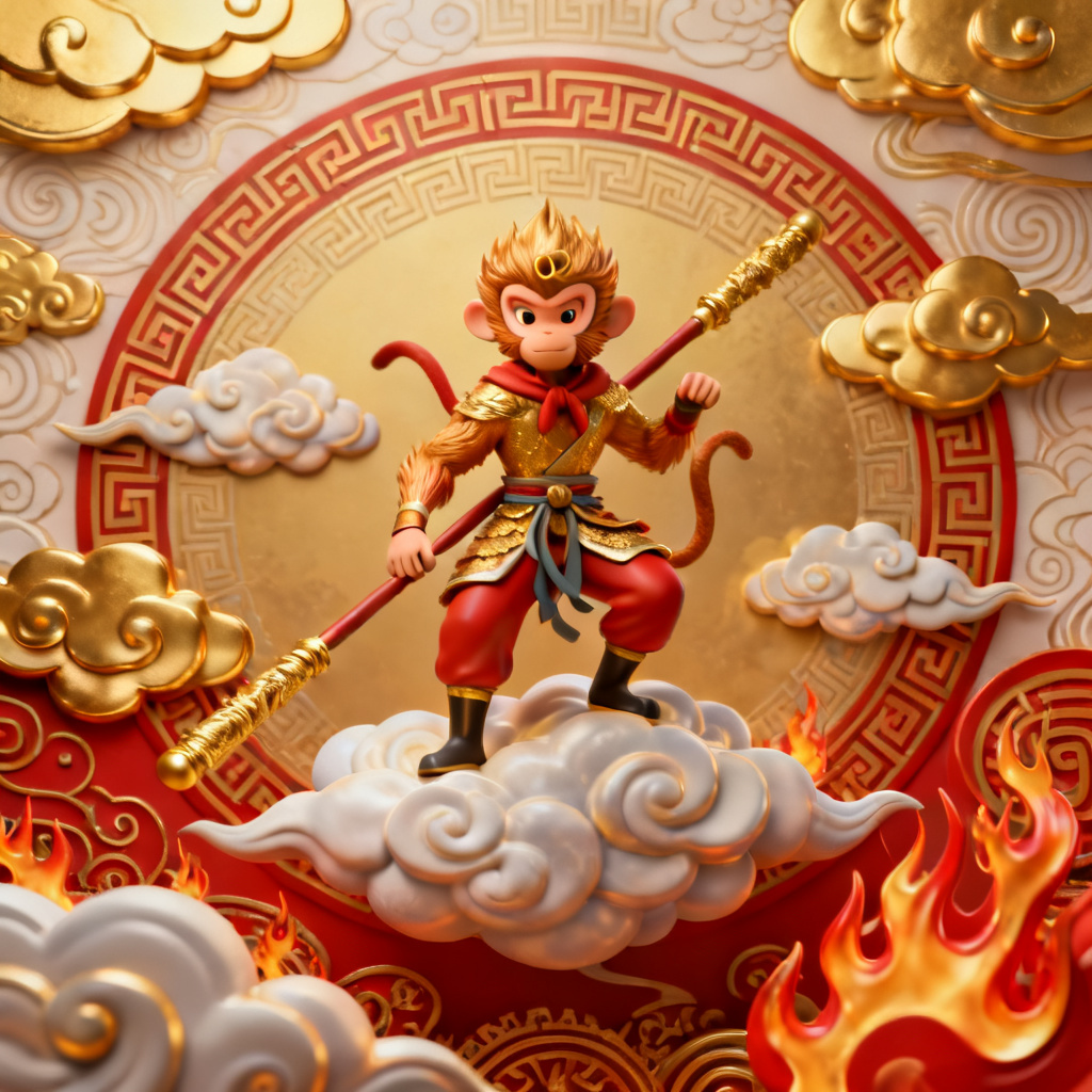3D西游记风格演示页面,孙悟空在云端,中国风元素,金色与红色配色,传统纹样背景