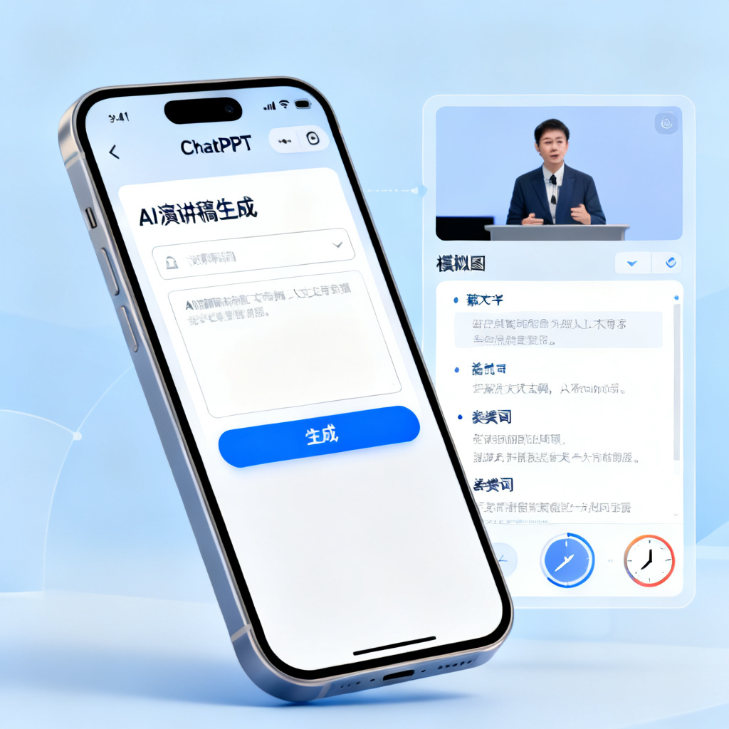 手机屏幕显示ChatPPT的AI演讲稿生成界面，旁边有演讲者视图的模拟
