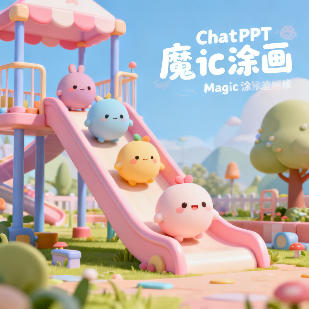 A 3D cartoon-style slide with characters resembling cute, round creatures in a whimsical game-like layout, featuring bright pastel colors and a playful font, created using ChatPPT's Magic涂画 feature for local editing