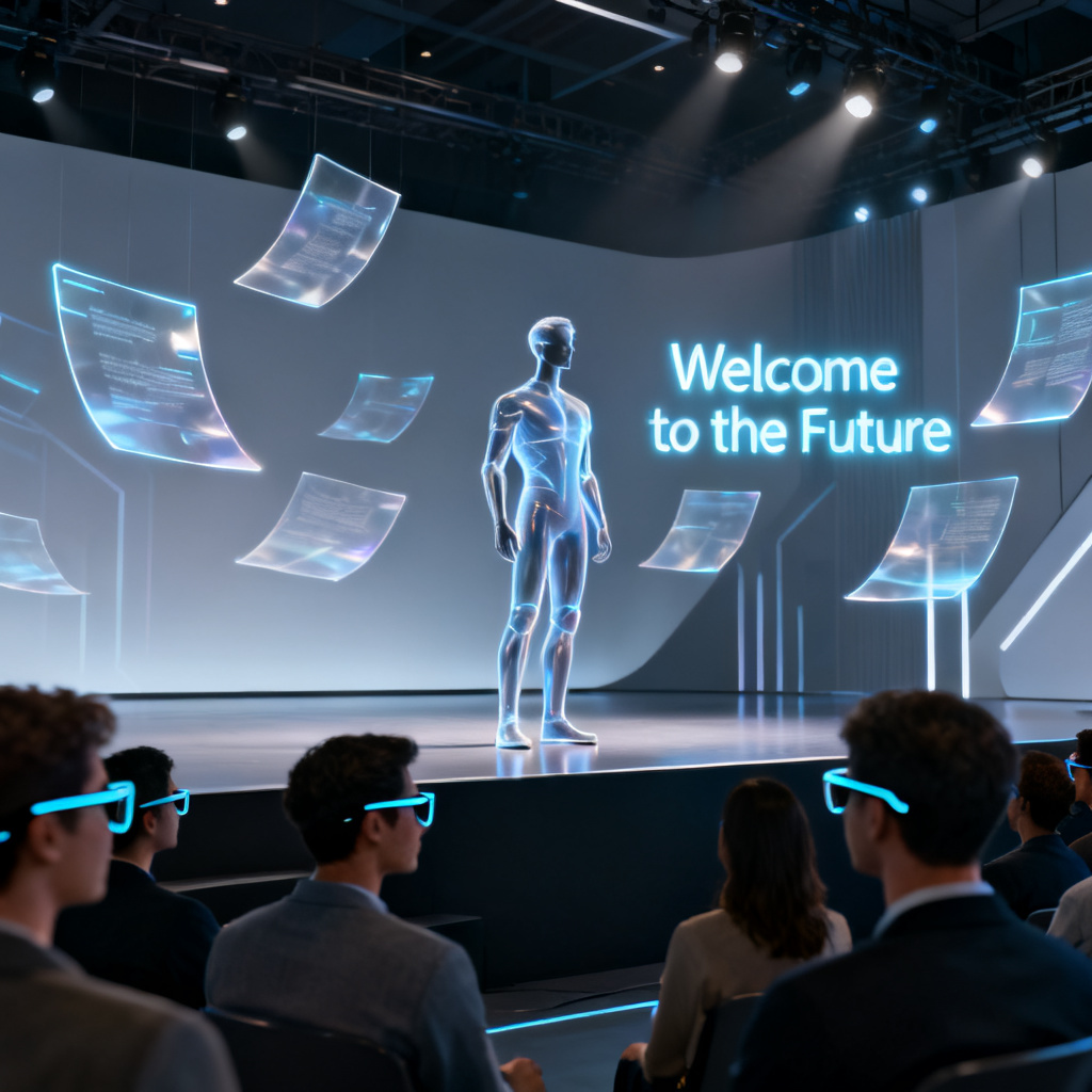 A realistic digital human avatar presenting on a stage, with translucent slides floating around, audience wearing smart glasses, holographic text visible in the air.
