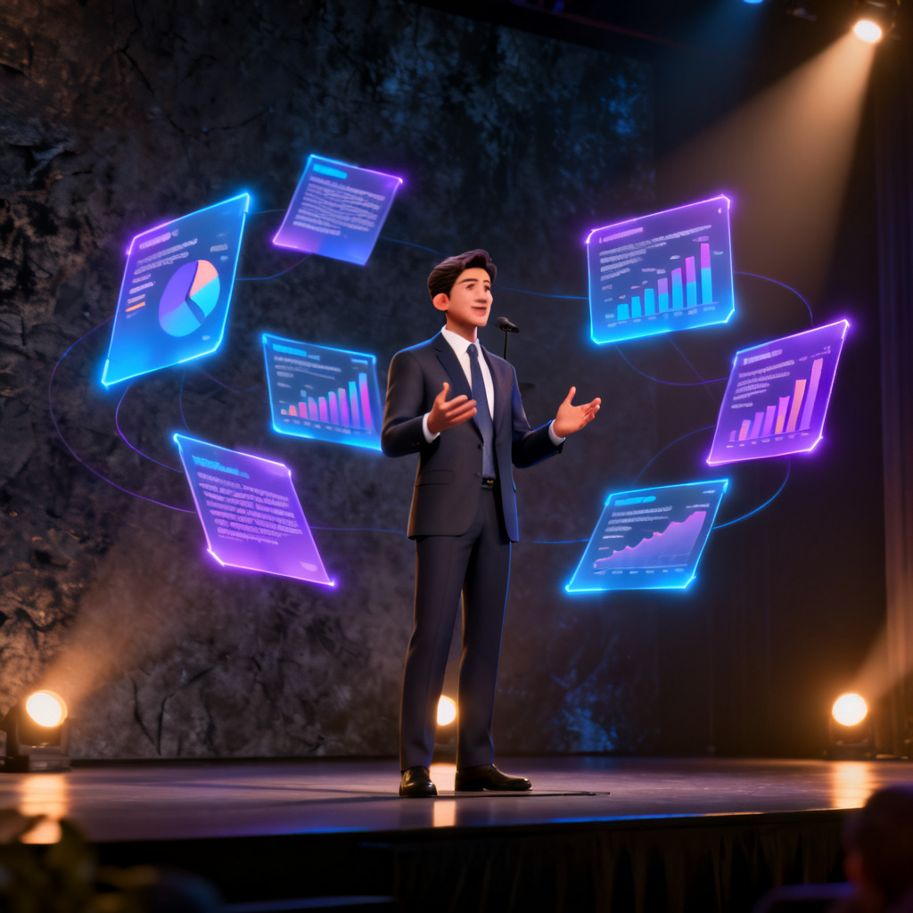 A professional digital presenter giving a speech on stage, with holographic slides floating in the air, photorealistic style, cinematic lighting, 8k resolution