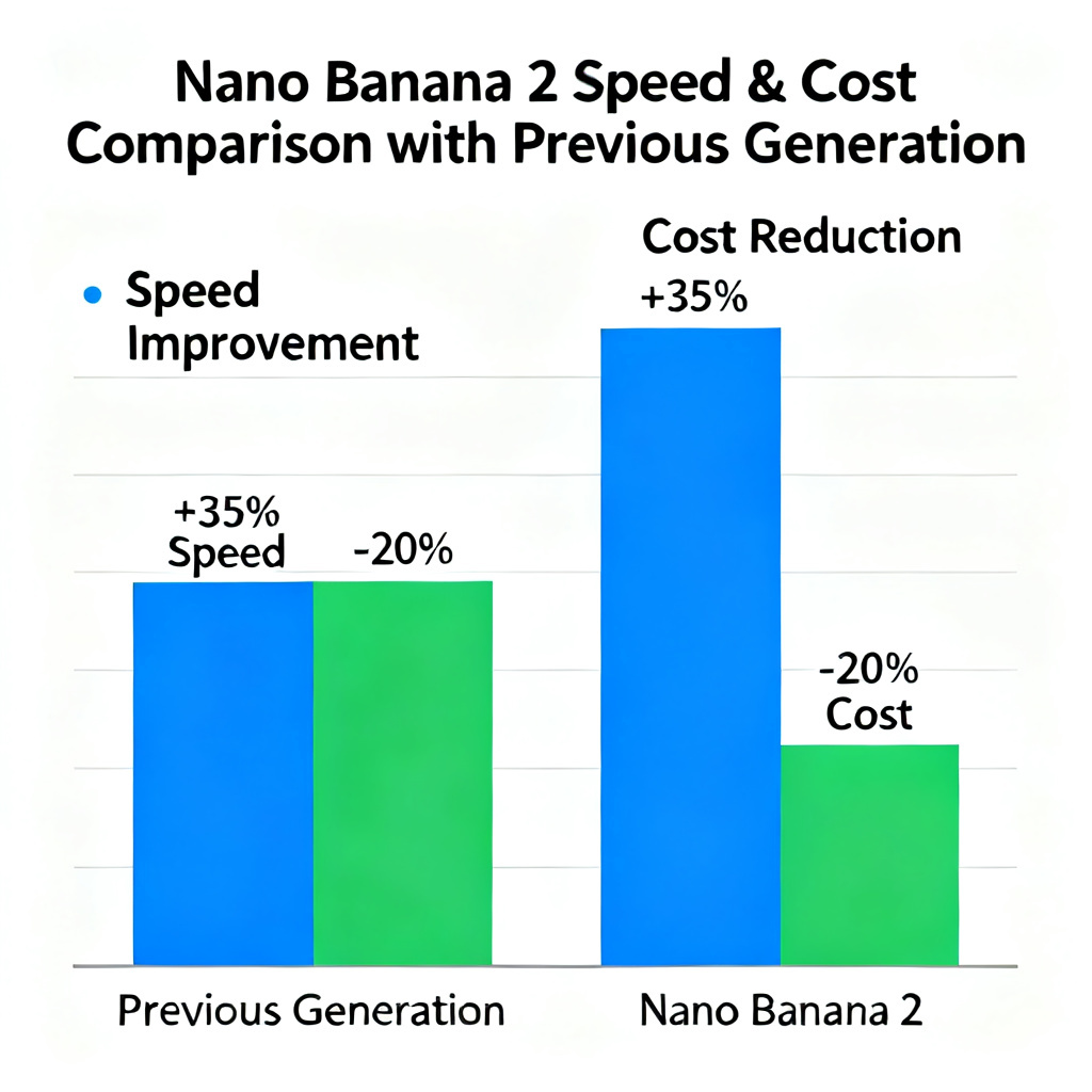 A comparison chart showing the speed and cost improvements of Nano Banana 2 over the previous generation, with bar graphs and percentage labels.