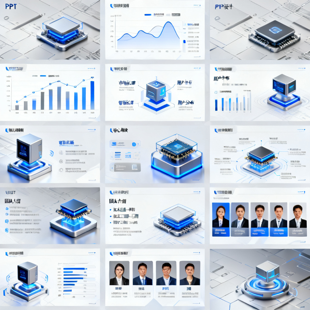 批量生成的科技行业PPT页面展示,包含数据图表、产品示意图、团队介绍等,风格统一,色彩协调