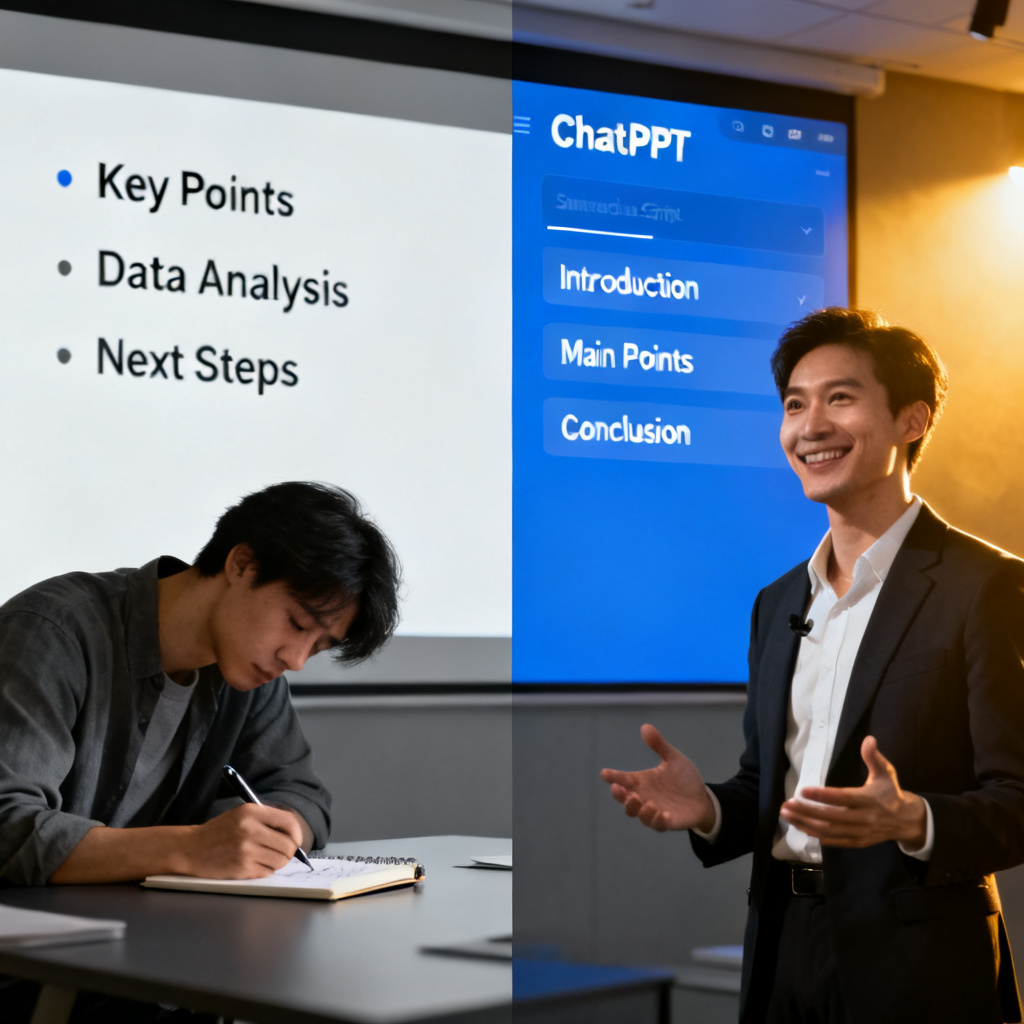 Split screen: left side shows a traditional PPT with only bullet points and a tired person writing notes; right side shows a ChatPPT interface with a fully structured speech script and a confident presenter, cinematic lighting