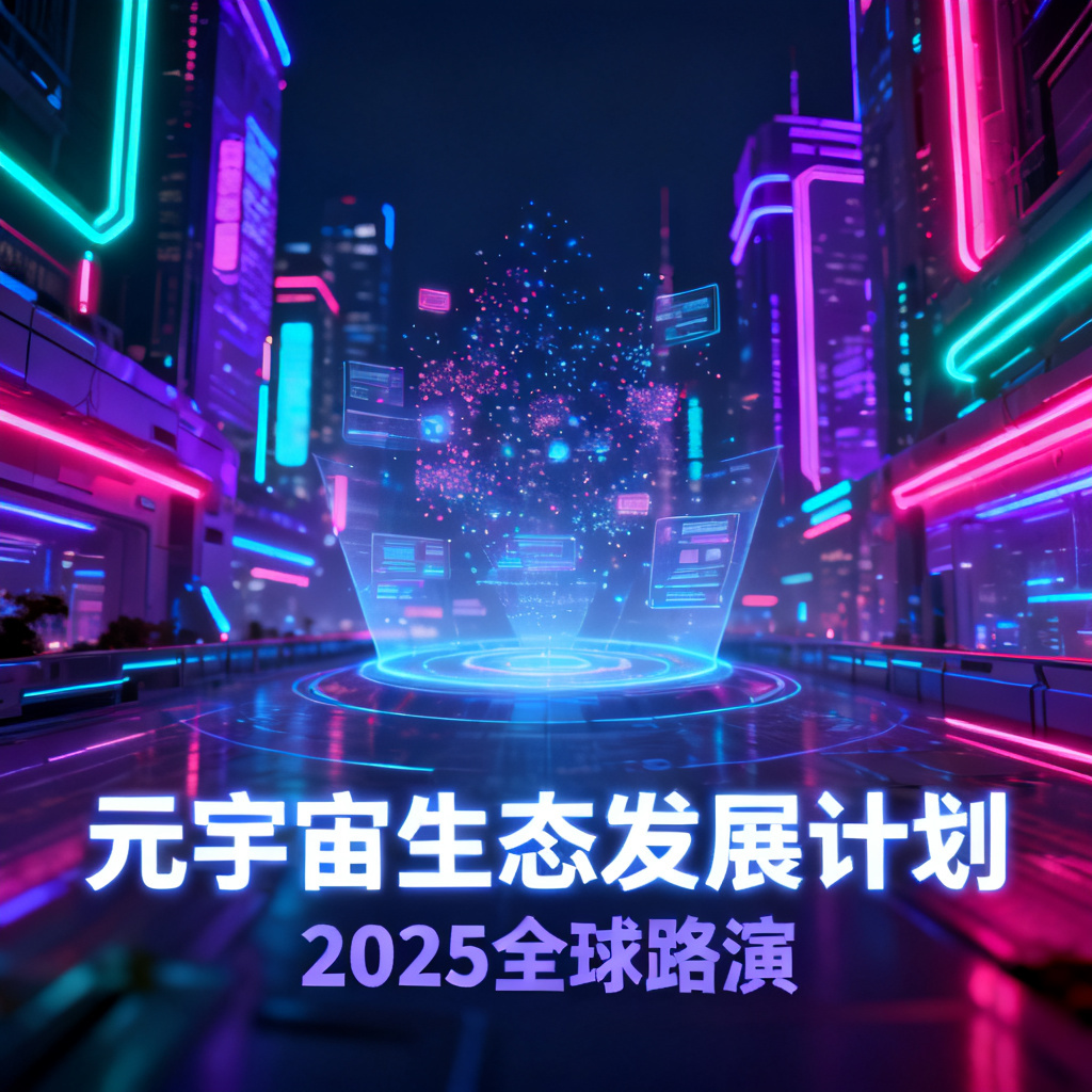 一张赛博朋克风格的元宇宙路演PPT,色彩鲜艳,霓虹灯光,未来城市背景,文字清晰可编辑