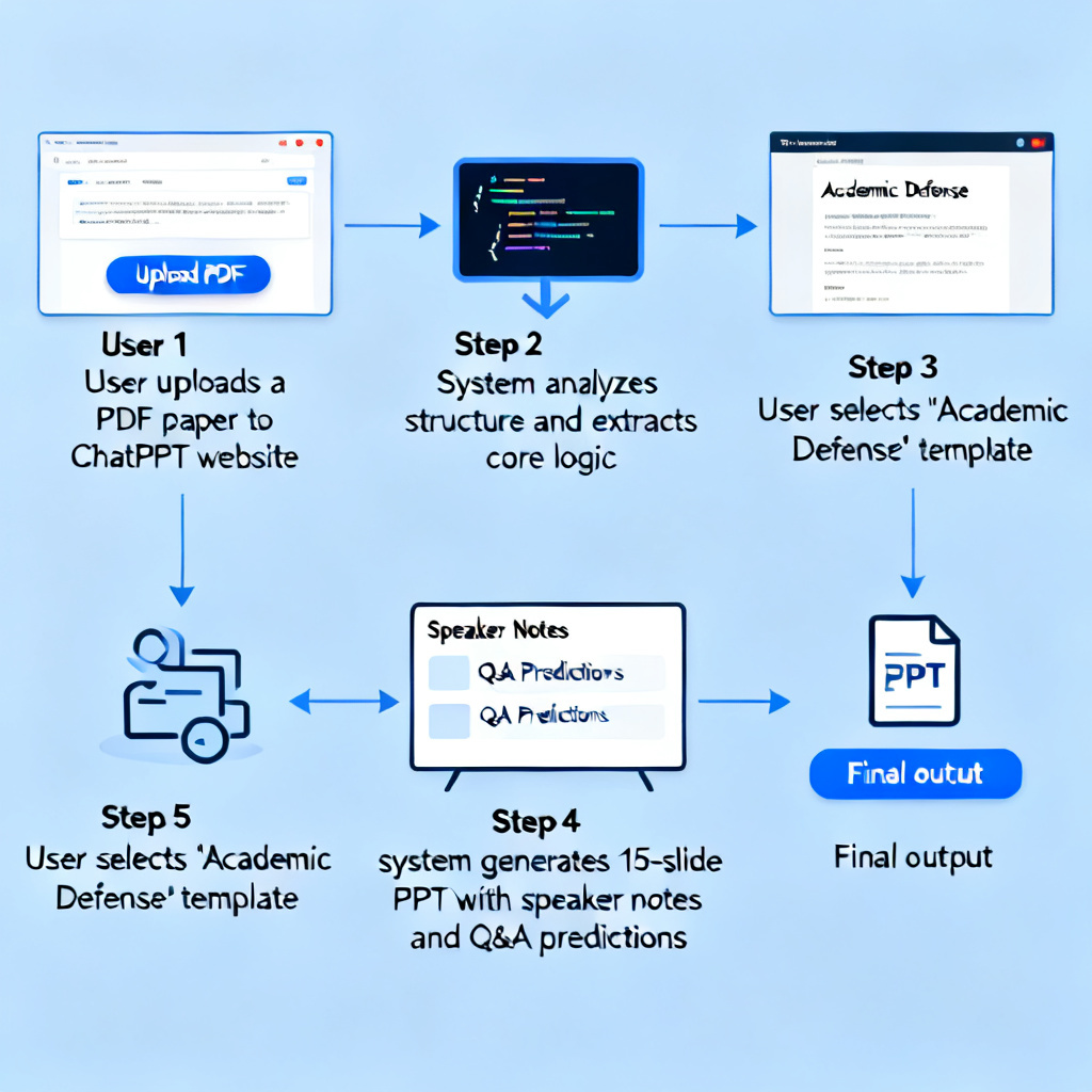 Step-by-step flowchart: User uploads a PDF paper to ChatPPT website -> System analyzes structure and extracts core logic -> User selects "Academic Defense" template -> System generates 15-slide PPT with speaker notes and Q&A predictions -> Final output.