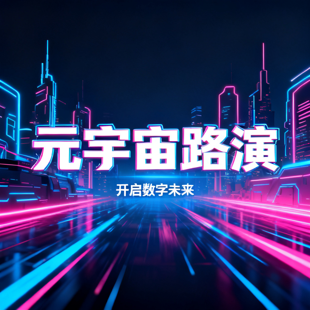 赛博朋克风格的元宇宙路演PPT封面,霓虹灯光,未来城市轮廓,动态光效,科技感字体