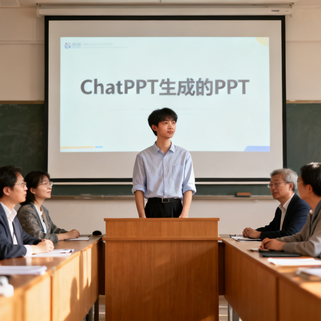 一位学生自信地站在答辩台上，背后投影仪显示ChatPPT生成的PPT，台下评委表情专注，场景明亮，体现成功答辩的氛围。