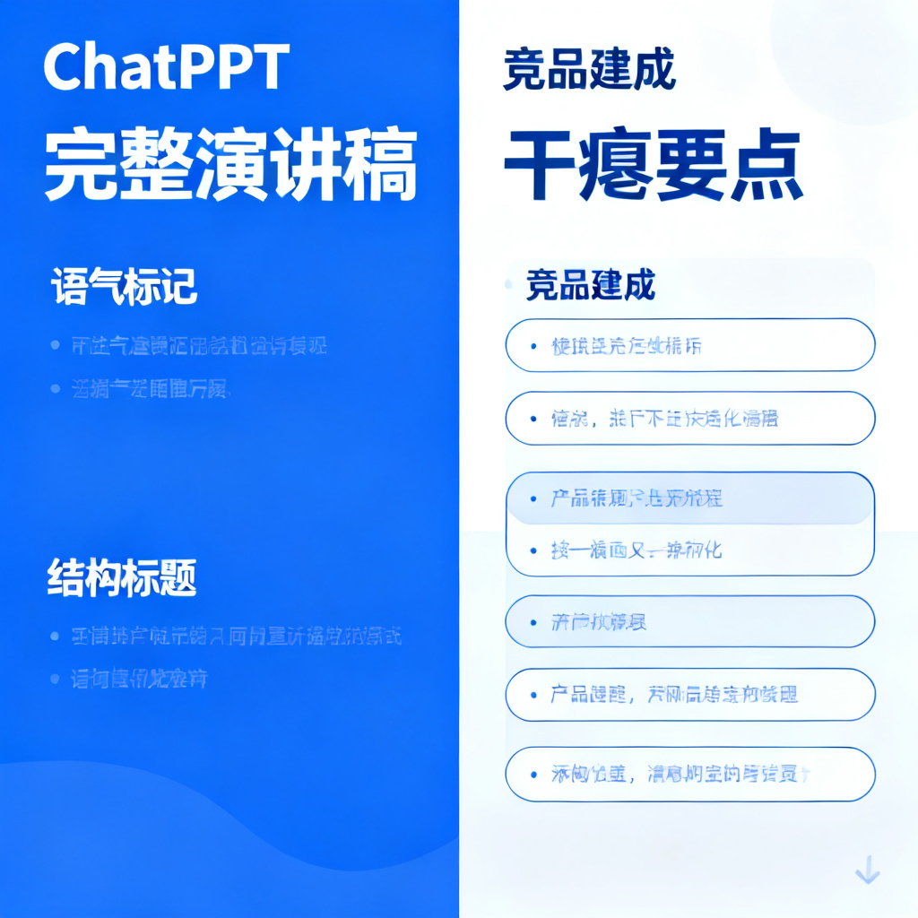 一张对比图表，左侧是ChatPPT生成的完整演讲稿（带有语气标记和结构标题），右侧是竞品生成的干瘪要点，风格扁平化，信息图表清晰