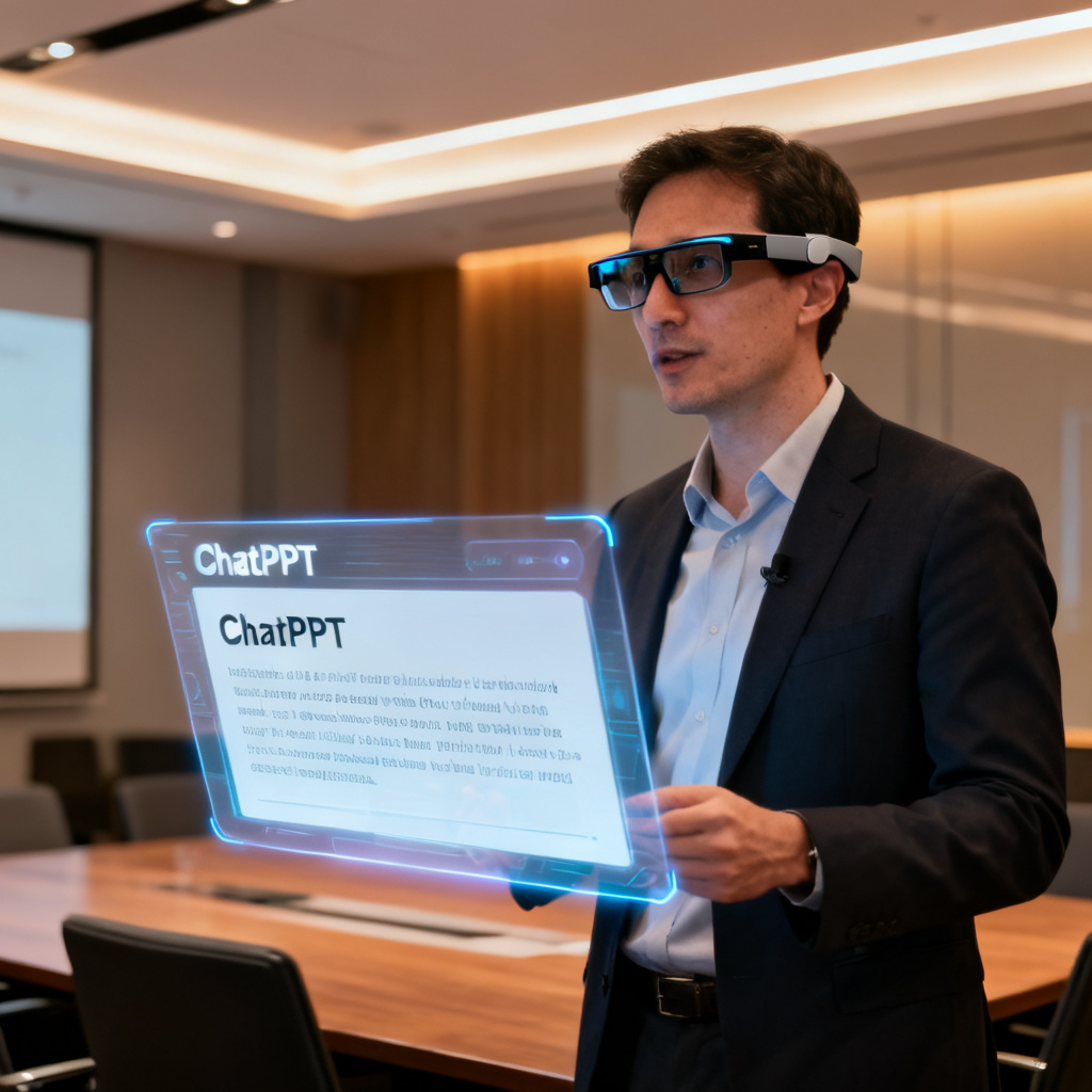 A professional presenter using smart glasses with ChatPPT interface, showing a holographic teleprompter, in a modern conference room, high detail, cinematic lighting.