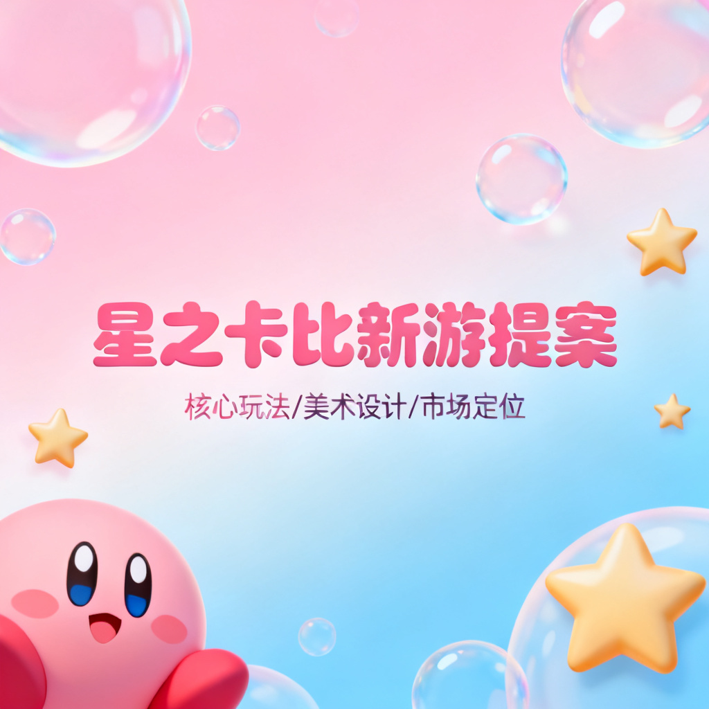 星之卡比风格游戏提案PPT,粉色与蓝色渐变,圆润卡通元素,气泡,星星,可爱风