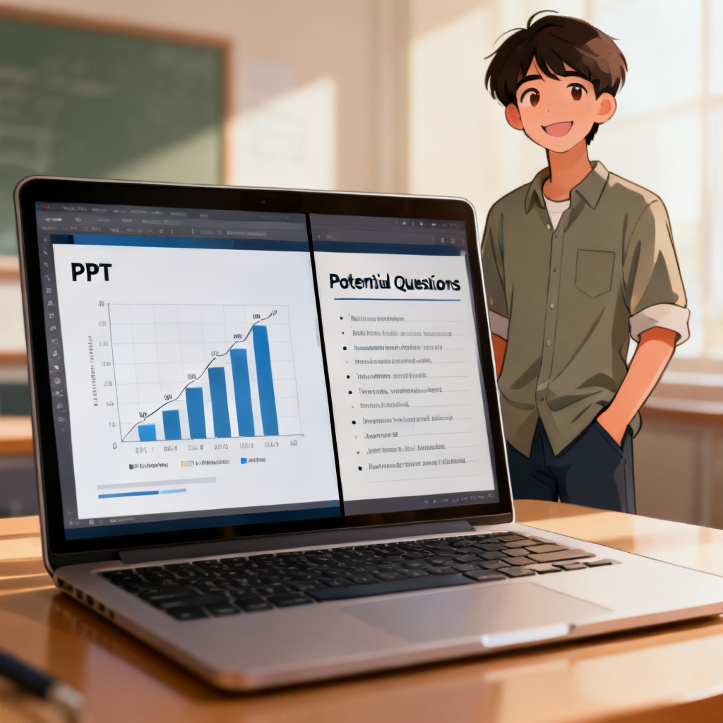 A laptop screen showing a split view: left side is a PPT slide with a scientific chart, right side shows a list of 'Potential Questions' with answers, with a confident student in the background, realistic illustration