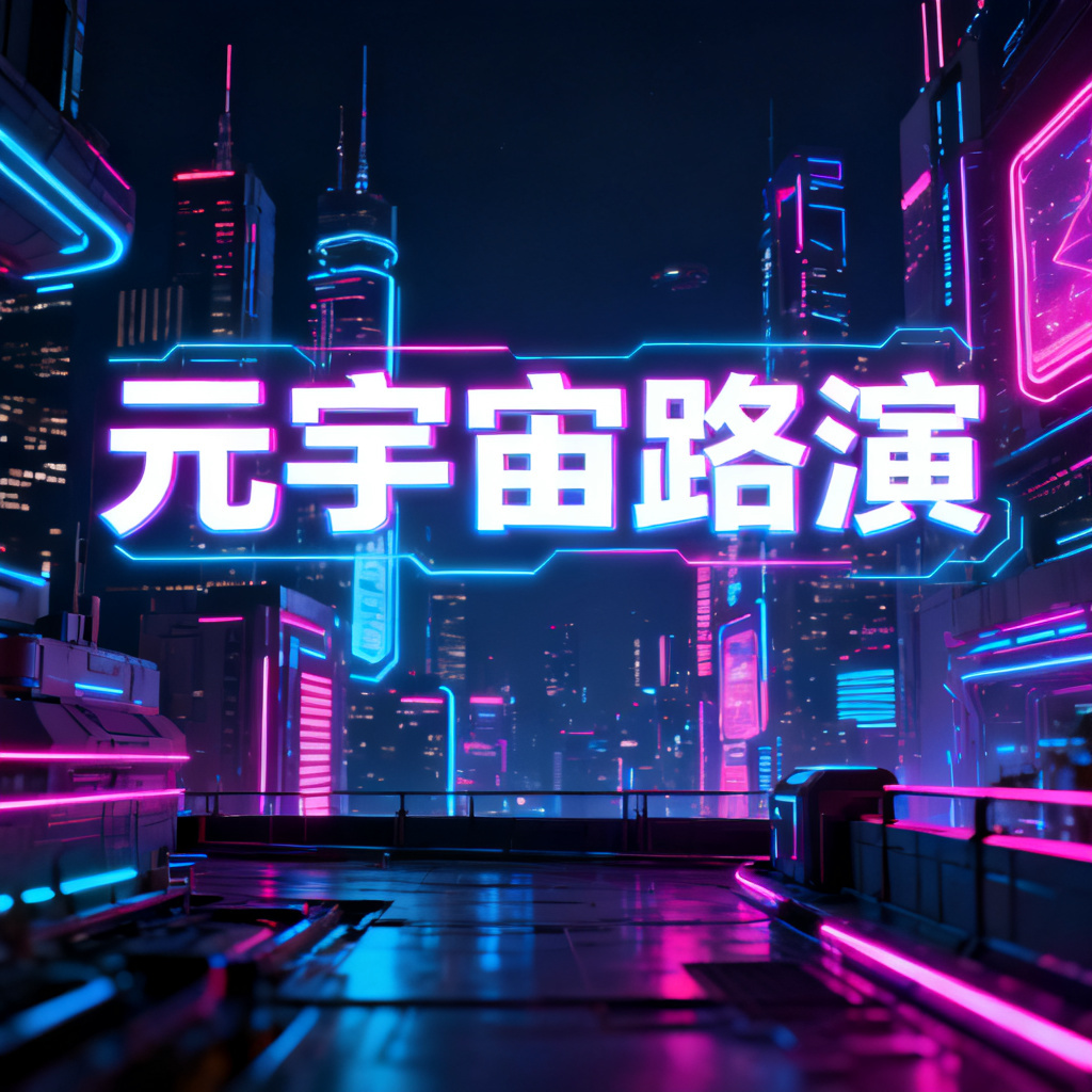赛博朋克风格的元宇宙路演PPT封面，霓虹灯配色，未来城市背景，科技感字体
